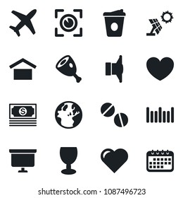 Set of vector isolated black icon - presentation board vector, coffee, heart, pills, plane, cash, fragile, warehouse storage, barcode, speaker, ham, eye scan, sun panel, earth, calendar