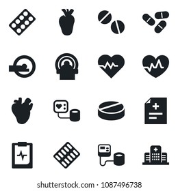 Set of vector isolated black icon - heart pulse vector, diagnosis, blood pressure, pills, blister, tomography, real, clipboard, hospital