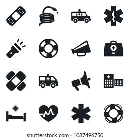 Set of vector isolated black icon - hose vector, heart pulse, doctor case, patch, ambulance star, car, hospital bed, loudspeaker, torch, crisis management