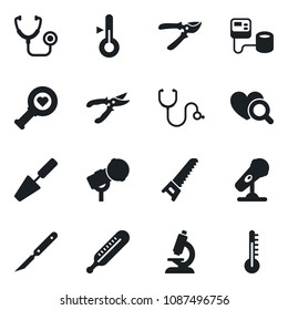 Set of vector isolated black icon - trowel vector, pruner, saw, stethoscope, blood pressure, thermometer, heart diagnostic, microscope, scalpel, microphone