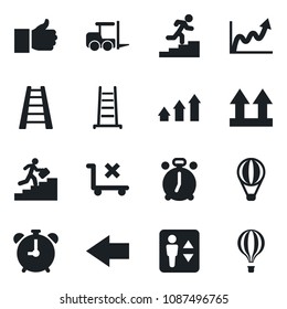Set of vector isolated black icon - elevator vector, alarm clock, left arrow, fork loader, ladder, up side sign, no trolley, finger, career, graph, growth, air balloon