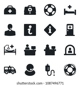 Set of vector isolated black icon - reception vector, medical room, manager place, doctor case, dropper, ambulance car, hospital bed, support, information, crisis management