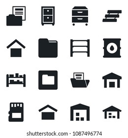 Set of vector isolated black icon - warehouse storage vector, oil barrel, rack, sd, folder, document, paper tray, archive box