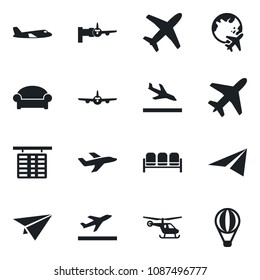 Set of vector isolated black icon - plane vector, departure, arrival, waiting area, boarding, helicopter, flight table, globe, paper, air balloon