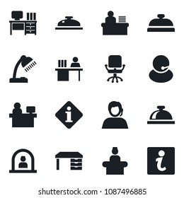 Set of vector isolated black icon - reception bell vector, office chair, desk, manager place, support, lamp, information