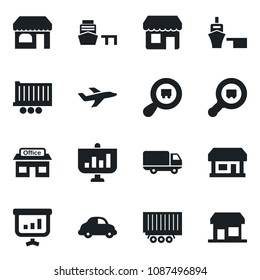 Set of vector isolated black icon - shop vector, store, plane, truck trailer, car delivery, sea port, search cargo, presentation, storefront
