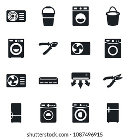 Set of vector isolated black icon - washer vector, bucket, pruner, air conditioner, fridge
