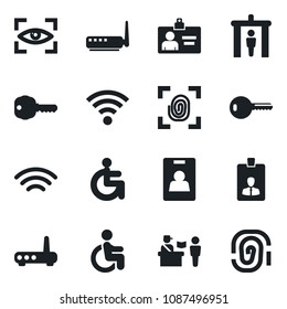 Set of vector isolated black icon - passport control vector, security gate, identity card, disabled, wireless, key, fingerprint, router, eye scan