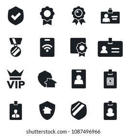 Set of vector isolated black icon - vip vector, identity, card, medal, shield, sertificate, home protect, pass