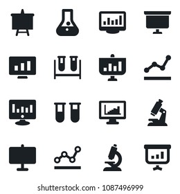 Set of vector isolated black icon - presentation board vector, statistic monitor, blood test vial, microscope, statistics, point graph, flask