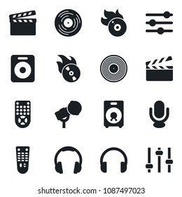 Set of vector isolated black icon - clapboard vector, vinyl, flame disk, microphone, remote control, headphones, speaker, tuning