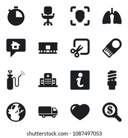 Set of vector isolated black icon - garden sprayer vector, lungs, hospital, car delivery, railroad, heart, stopwatch, cut, face id, office chair, energy saving bulb, information, usb flash, earth