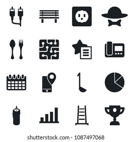 Set of vector isolated black icon - spoon and fork vector, calendar, ladder, bench, mobile tracking, favorites list, rca, bar graph, pie, candle, dress code, ladle, chip, socket, intercome