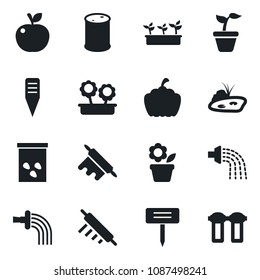 Set of vector isolated black icon - flower in pot vector, seedling, watering, plant label, pumpkin, seeds, oil barrel, pond, rolling pin, apple fruit, water filter