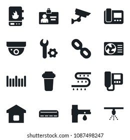 Set of vector isolated black icon - identity card vector, drip irrigation, barcode, chain, root setup, air conditioner, smart home, water heater, intercome, filter, surveillance, sprinkler