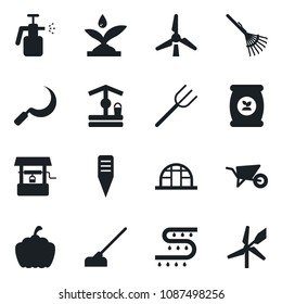 Set of vector isolated black icon - farm fork vector, rake, wheelbarrow, well, hoe, sickle, plant label, pumpkin, greenhouse, garden sprayer, fertilizer, drip irrigation, windmill