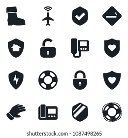 Set of vector isolated black icon - plane radar vector, smoking place, lock, glove, boot, heart shield, protect, intercome, home, crisis management