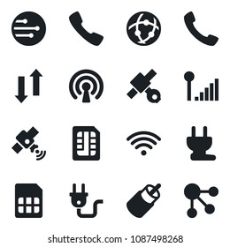 Set of vector isolated black icon - satellite vector, rca, call, sim, network, data exchange, cellular signal, wireless, power plug, social media