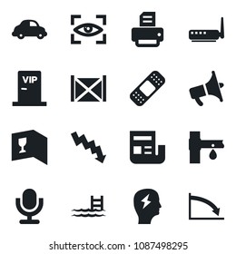 Set of vector isolated black icon - crisis graph vector, brainstorm, printer, drip irrigation, patch, car delivery, container, loudspeaker, microphone, news, pool, wine card, vip zone, router