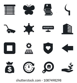 Set of vector isolated black icon - left arrow vector, office building, money bag, lawn mower, butterfly, sickle, heart shield, stop button, book, sun panel, estate search, reserved, jalousie, clock