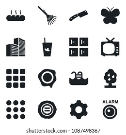 Set of vector isolated black icon - checkroom vector, stamp, rake, butterfly, tv, menu, settings, office building, pool, fruit tree, phyto bar, bread, knife, alarm led