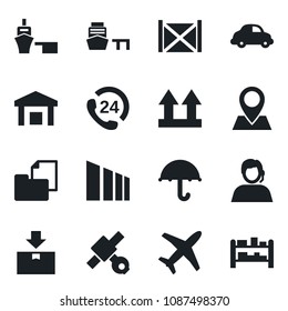 Set of vector isolated black icon - pin vector, plane, satellite, 24 hours, support, car delivery, sea port, container, folder document, umbrella, up side sign, warehouse, package, sorting, rack