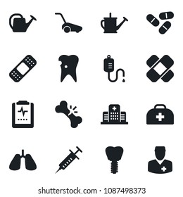 Set of vector isolated black icon - watering can vector, lawn mower, doctor case, syringe, dropper, pills, patch, lungs, caries, implant, broken bone, pulse clipboard, hospital