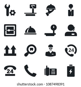 Set of vector isolated black icon - doctor vector, office phone, 24 hours, up side sign, heavy scales, search cargo, call, scanner, root setup, support, waiter, dish, battery