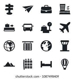 Set of vector isolated black icon - plane vector, airport tower, baggage conveyor, bus, seat map, flight table, luggage scales, building, case, signpost, mountains, bedroom, earth, paper