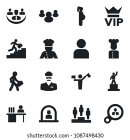 Set of vector isolated black icon - dispatcher vector, vip, reception, pedestal, doctor, pregnancy, group, user, company, manager desk, career ladder, cook, consumer search