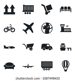 Set of vector isolated black icon - waiting area vector, plane, airport building, wheelbarrow, bike, earth, truck trailer, sea port, cargo, up side sign, car, air balloon