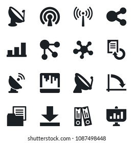 Set of vector isolated black icon - antenna vector, satellite, office binder, crisis graph, document reload, folder, share, scanner, download, bar, wireless, social media, presentation