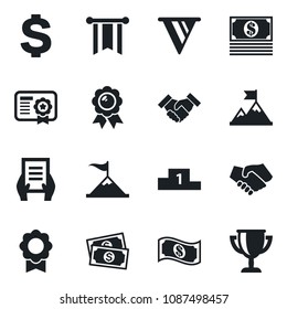 Set of vector isolated black icon - dollar sign vector, medal, document, cash, sertificate, handshake, motivation, pennon, certificate, pedestal, award cup