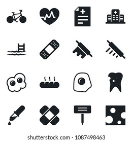Set of vector isolated black icon - plant label vector, heart pulse, diagnosis, dropper, patch, bike, caries, hospital, pool, bread, rolling pin, omelette, cheese
