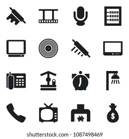 Set of vector isolated black icon - well vector, film frame, vinyl, tv, microphone, call, alarm, abacus, office phone, fireplace, rolling pin, outdoor lamp, money bag