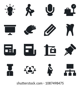 Set of vector isolated black icon - luggage scales vector, presentation board, pencil, glove, caries, pregnancy, microphone, paper pin, news, hr, manager, crane, cook, bulb, hierarchy