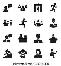 Set of vector isolated black icon - passport control vector, security gate, reception, team, manager place, run, doctor, support, speaker, meeting, career ladder, estate agent, dress code