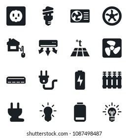 Set of vector isolated black icon - low battery vector, charge, air conditioner, home control, socket, power plug, fan, radiator, warm floor, bulb, energy saving, idea