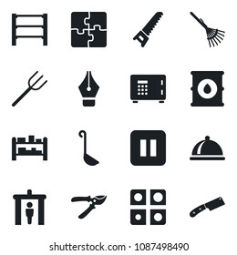 Set of vector isolated black icon - security gate vector, safe, farm fork, rake, pruner, saw, oil barrel, rack, pause button, application, ink pen, dish, ladle, knife