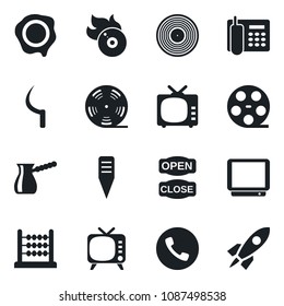 Set of vector isolated black icon - phone vector, stamp, sickle, plant label, reel, vinyl, flame disk, tv, abacus, office, open close, turkish coffee, rocket