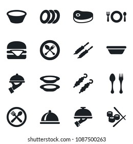 Set of vector isolated black icon - spoon and fork vector, dish, cafe, plates, waiter, steak, kebab, hamburger, bowl, sushi