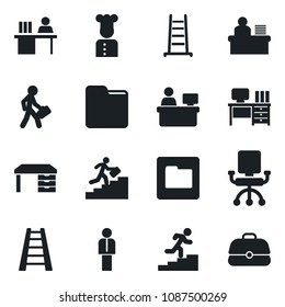 Set of vector isolated black icon - manager vector, desk, place, ladder, folder, career, cook, office chair, case