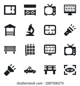 Set of vector isolated black icon - tv vector, alarm car, seat map, bench, monitor pulse, microscope, torch, plan, alcove, eye scan