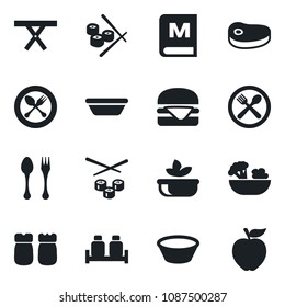Set of vector isolated black icon - spoon and fork vector, picnic table, cafe, menu, salad, salt pepper, steak, hamburger, bowl, sushi, apple fruit