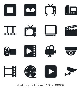 Set of vector isolated black icon - clapboard vector, film frame, reel, tv, video camera, play button, stop, record, intercome, surveillance