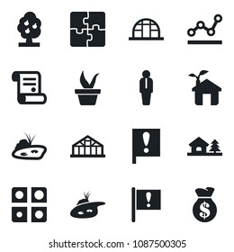 Set of vector isolated black icon - manager vector, contract, seedling, greenhouse, important flag, application, point graph, house with tree, pond, fruit, eco, money bag