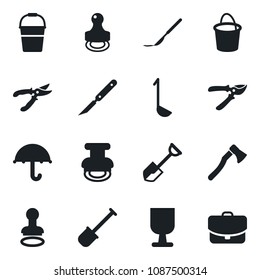 Set of vector isolated black icon - stamp vector, shovel, bucket, pruner, axe, scalpel, fragile, umbrella, ladle, case