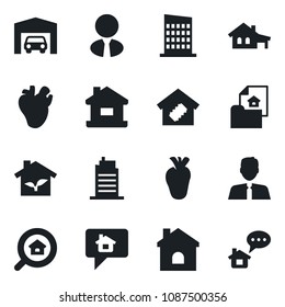 Set of vector isolated black icon - house vector, real heart, with garage, estate document, search, agent, smart home, city, eco, message
