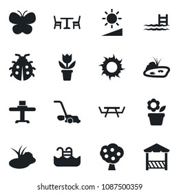 Set of vector isolated black icon - cafe vector, flower in pot, lawn mower, butterfly, lady bug, sun, pond, picnic table, brightness, pool, fruit tree, restaurant, alcove