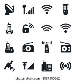 Set of vector isolated black icon - antenna vector, office phone, satellite, radio, remote control, wireless, cellular signal, lock